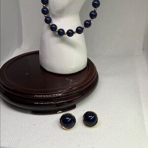 Monet Bracelet & Earrings Set Gold Tone Dark Blue Vintage Signed Size 7